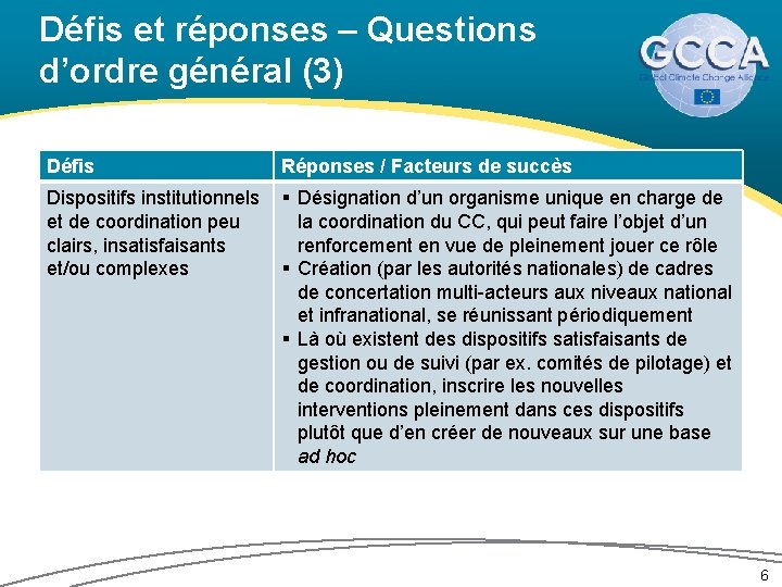 Défis et réponses – Questions d’ordre général (3) Défis Réponses / Facteurs de succès