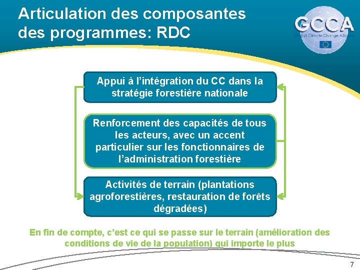 Articulation des composantes des programmes: RDC Appui à l’intégration du CC dans la stratégie