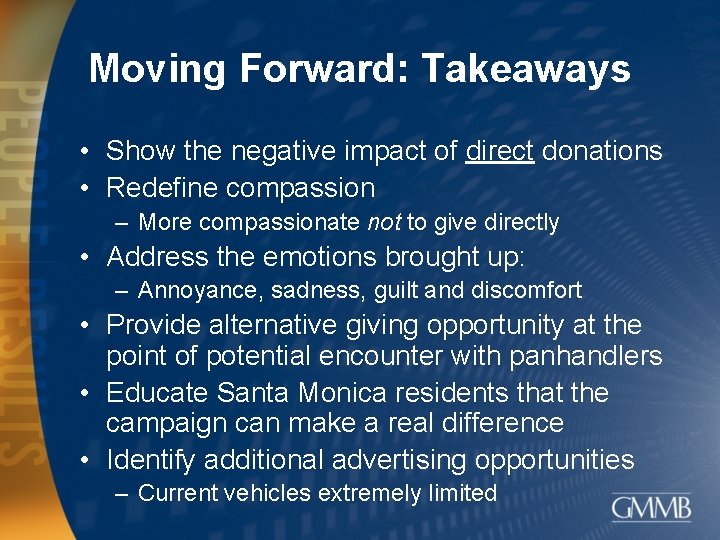 Moving Forward: Takeaways • Show the negative impact of direct donations • Redefine compassion