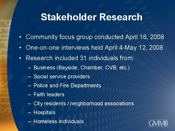 Stakeholder Research • Community focus group conducted April 16, 2008 • One-on-one interviews held