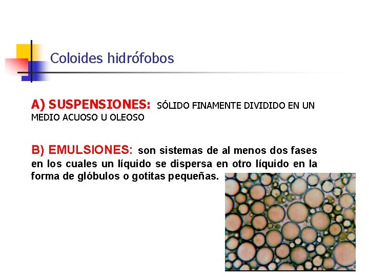 Coloides hidrófobos A) SUSPENSIONES: SÓLIDO FINAMENTE DIVIDIDO EN UN MEDIO ACUOSO U OLEOSO B)