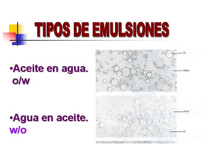  • Aceite en agua. o/w • Agua en aceite. w/o 