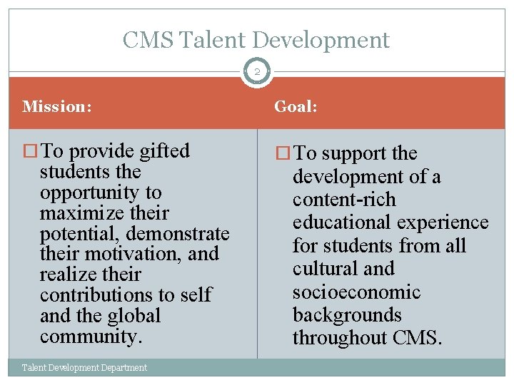 CMS Talent Development 2 Mission: Goal: To provide gifted To support the students the