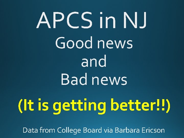 APCS in NJ Good news and Bad news (It is getting better!!) Data from APCS in NJ Good news and Bad news (It is getting better!!) Data from
