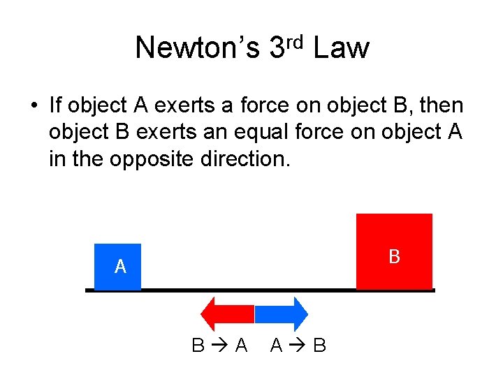 Newton’s 3 rd Law • If object A exerts a force on object B,
