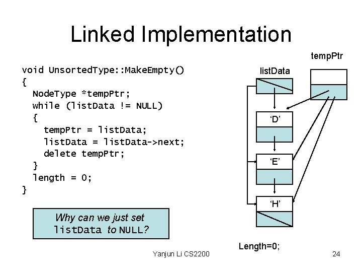 Linked Implementation temp. Ptr void Unsorted. Type: : Make. Empty() { Node. Type *temp.