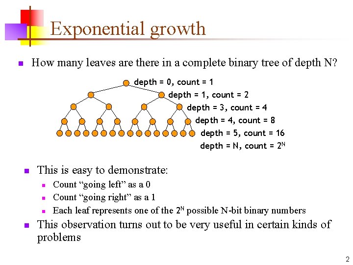 Exponential growth How many leaves are there in a complete binary tree of depth