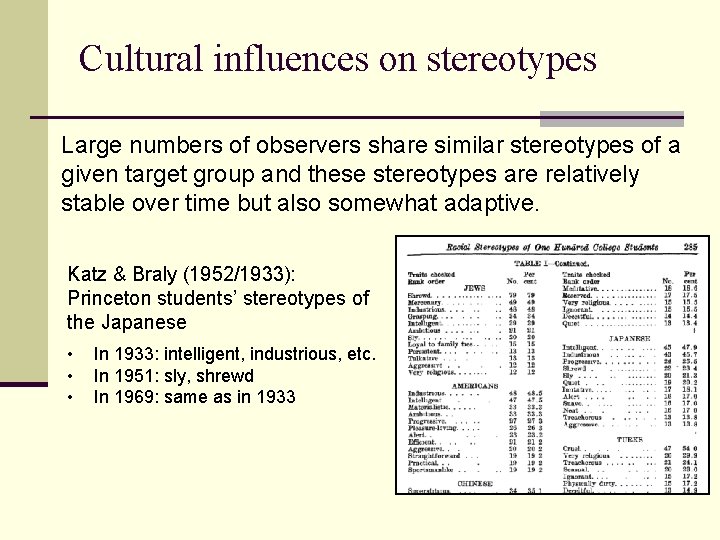 Cultural influences on stereotypes Large numbers of observers share similar stereotypes of a given