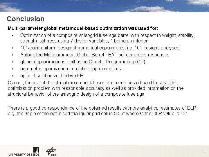 Conclusion Multi-parameter global metamodel-based optimization was used for: • Optimization of a composite anisogrid
