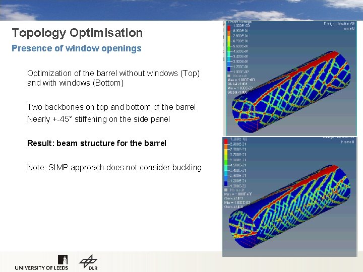 Topology Optimisation Presence of window openings Optimization of the barrel without windows (Top) and