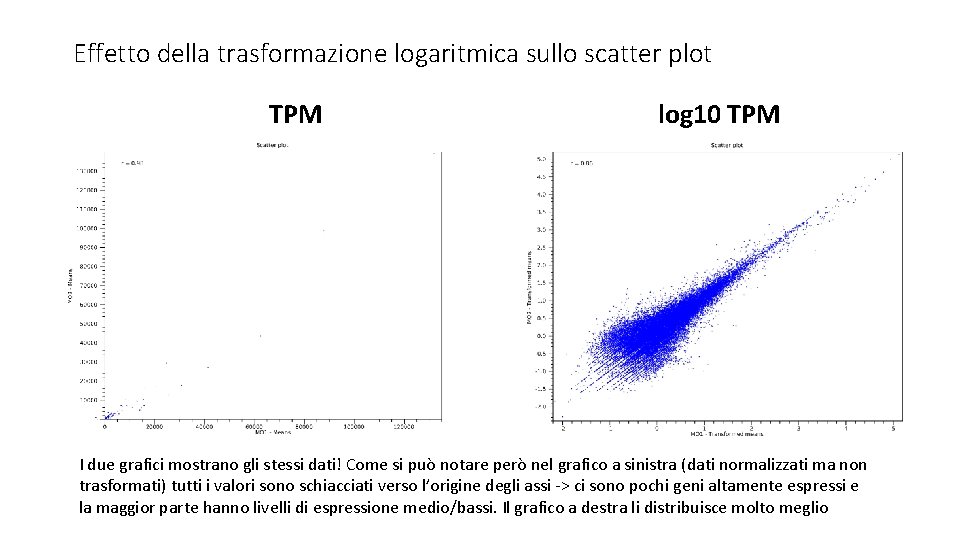Effetto della trasformazione logaritmica sullo scatter plot TPM log 10 TPM I due grafici