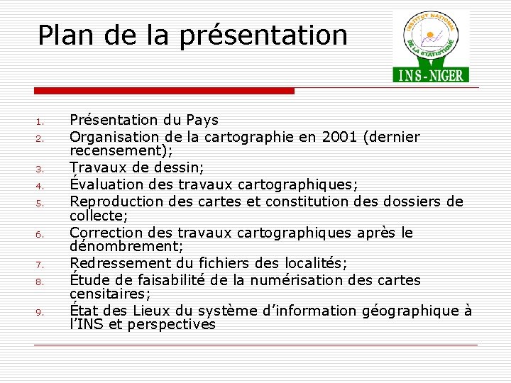 Plan de la présentation 1. 2. 3. 4. 5. 6. 7. 8. 9. Présentation