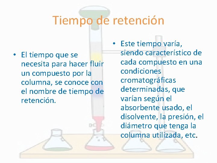 Tiempo de retención • Este tiempo varía, siendo característico de • El tiempo que