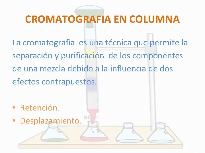  CROMATOGRAFIA EN COLUMNA La cromatografía es una técnica que permite la separación y