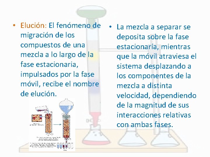  • Elución: El fenómeno de • migración de los compuestos de una mezcla