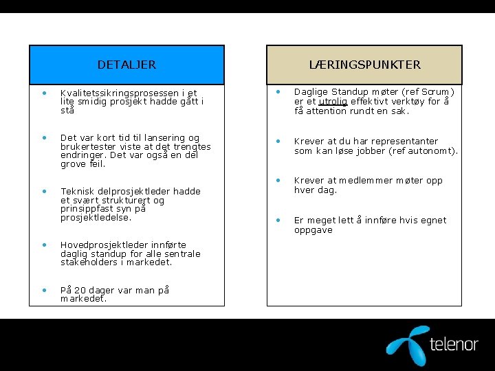 DETALJER LÆRINGSPUNKTER • Kvalitetssikringsprosessen i et lite smidig prosjekt hadde gått i stå •