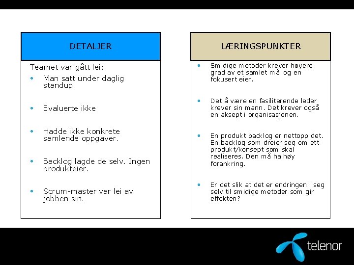 DETALJER Teamet var gått lei: • LÆRINGSPUNKTER • Smidige metoder krever høyere grad av