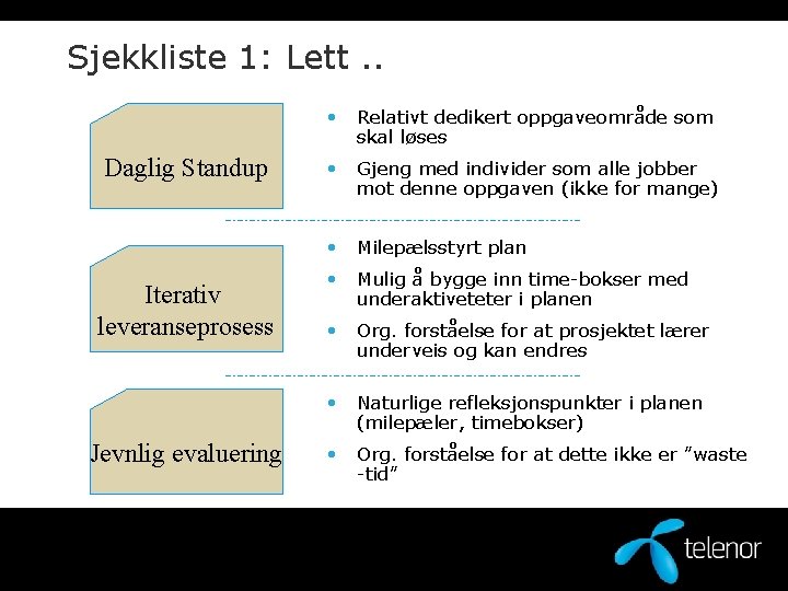 Sjekkliste 1: Lett. . • Relativt dedikert oppgaveområde som skal løses Daglig Standup •