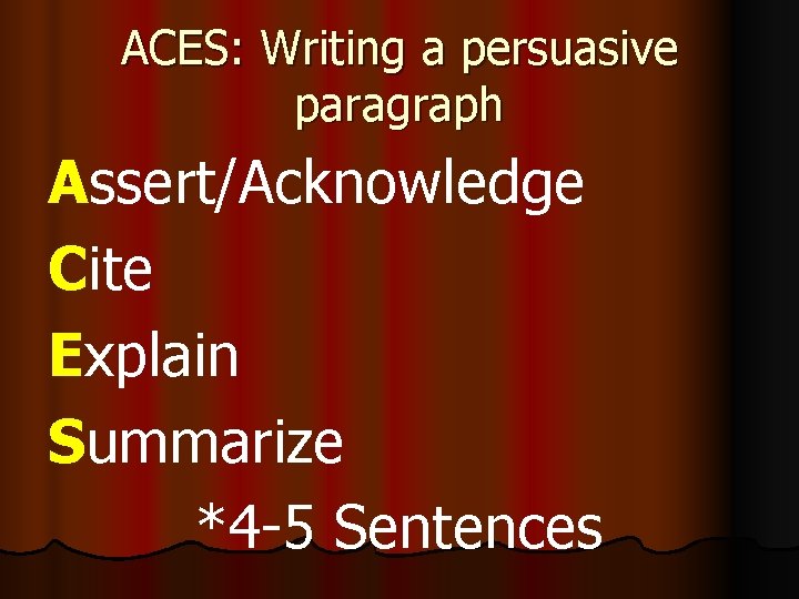 ACES: Writing a persuasive paragraph Assert/Acknowledge Cite Explain Summarize *4 -5 Sentences 