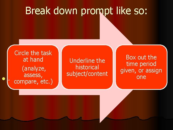 Break down prompt like so: Circle the task at hand (analyze, assess, l. compare,