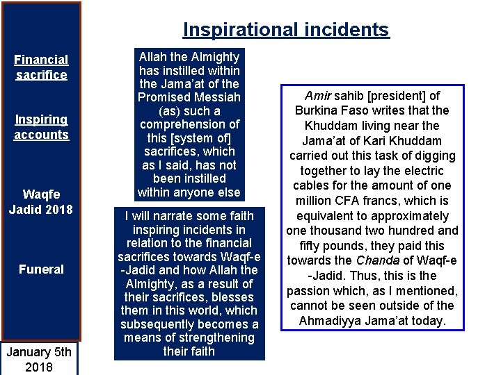 Inspirational incidents Financial sacrifice Inspiring accounts Waqfe Jadid 2018 Funeral January 5 th 2018