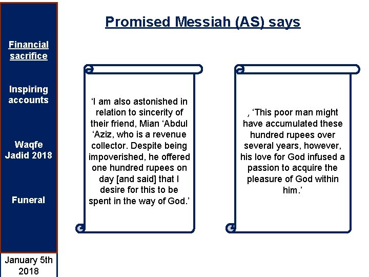 Promised Messiah (AS) says Financial sacrifice Inspiring accounts Waqfe Jadid 2018 Funeral January 5