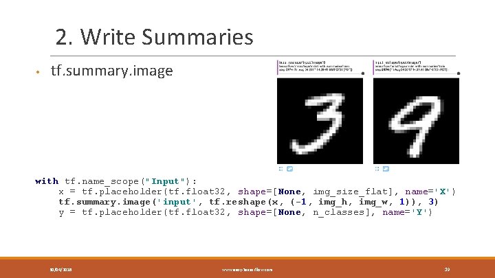 2. Write Summaries • tf. summary. image with tf. name_scope("Input"): x = tf. placeholder(tf.