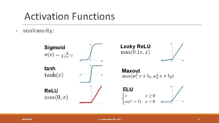 Activation Functions • nonlinearity: 30/04/2018 www. easy-tensorflow. com 4 