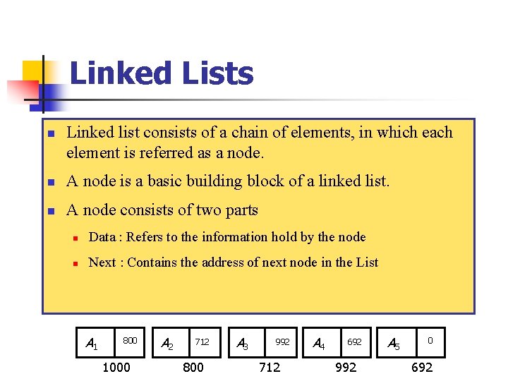 Linked Lists n Linked list consists of a chain of elements, in which each