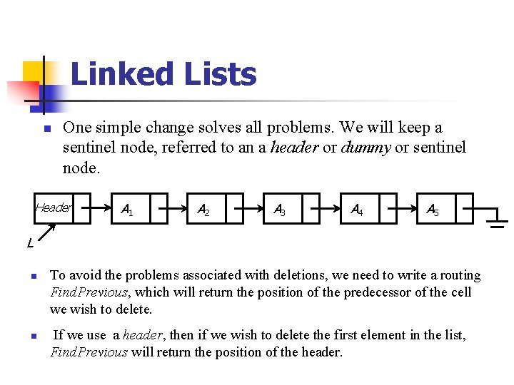 Linked Lists n One simple change solves all problems. We will keep a sentinel