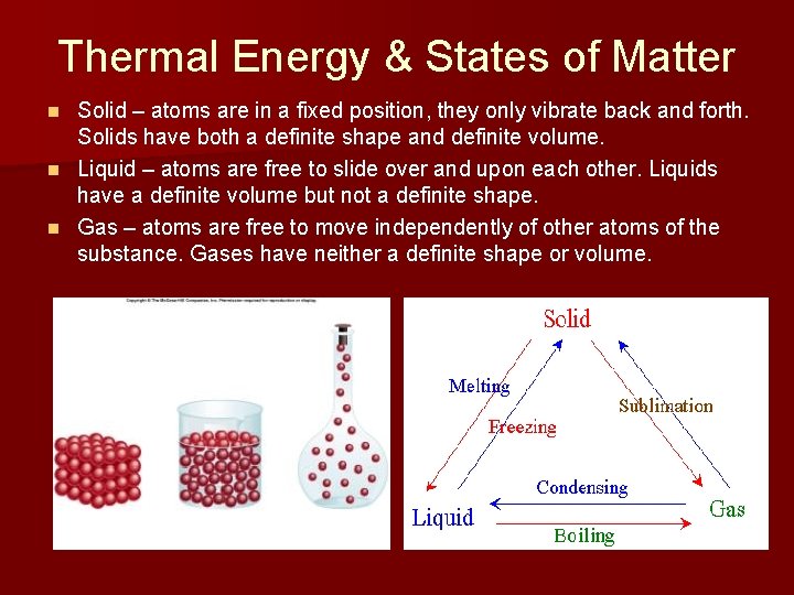 Thermal Energy & States of Matter Solid – atoms are in a fixed position,