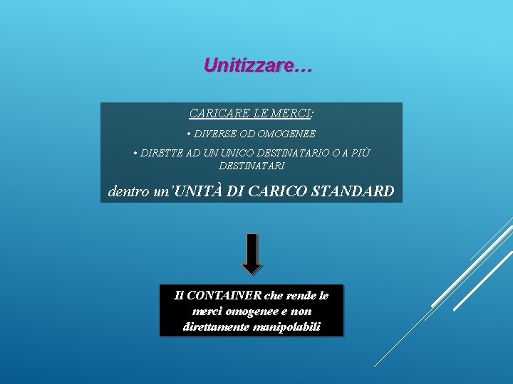 Unitizzare… CARICARE LE MERCI: • DIVERSE OD OMOGENEE • DIRETTE AD UN UNICO DESTINATARIO