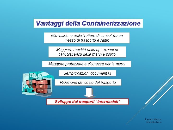Vantaggi della Containerizzazione Eliminazione delle “rotture di carico” fra un mezzo di trasporto e