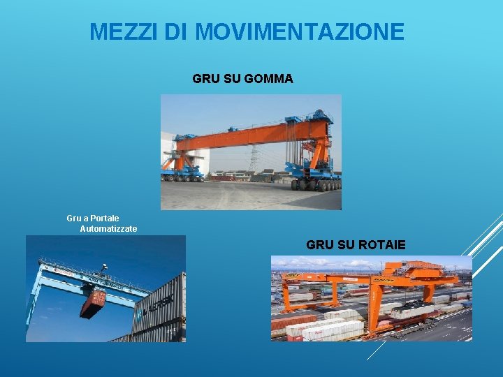 MEZZI DI MOVIMENTAZIONE GRU SU GOMMA Gru a Portale Automatizzate GRU SU ROTAIE 