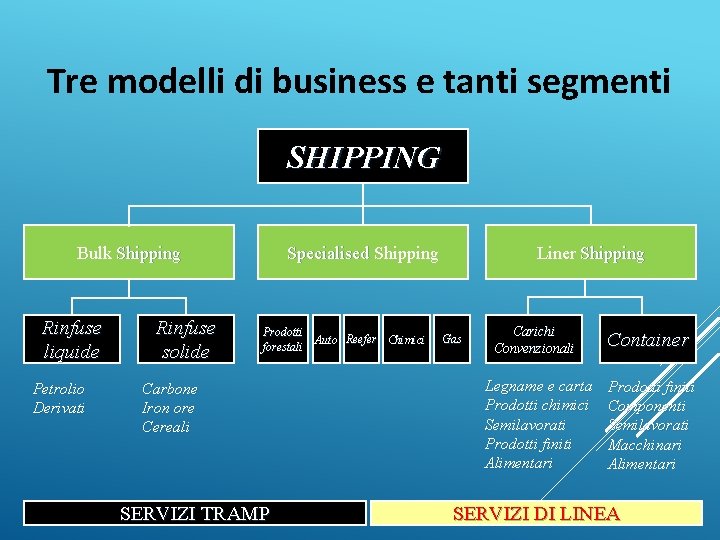 Tre modelli di business e tanti segmenti SHIPPING Bulk Shipping Rinfuse liquide Petrolio Derivati