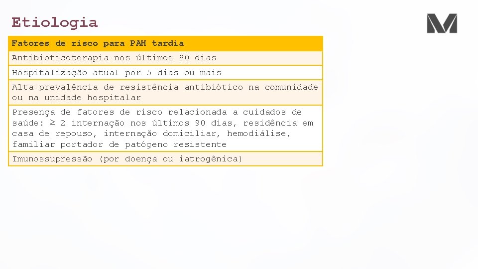 Etiologia Fatores de risco para PAH tardia Antibioticoterapia nos últimos 90 dias Hospitalização atual