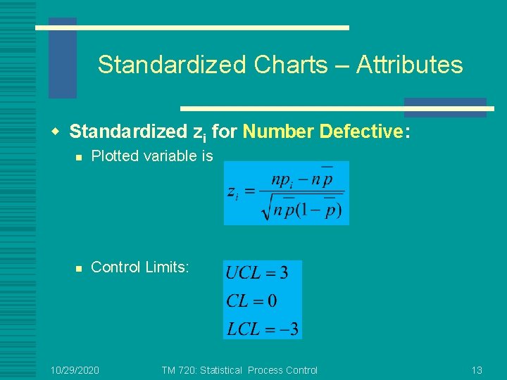 Standardized Charts – Attributes w Standardized zi for Number Defective: n Plotted variable is