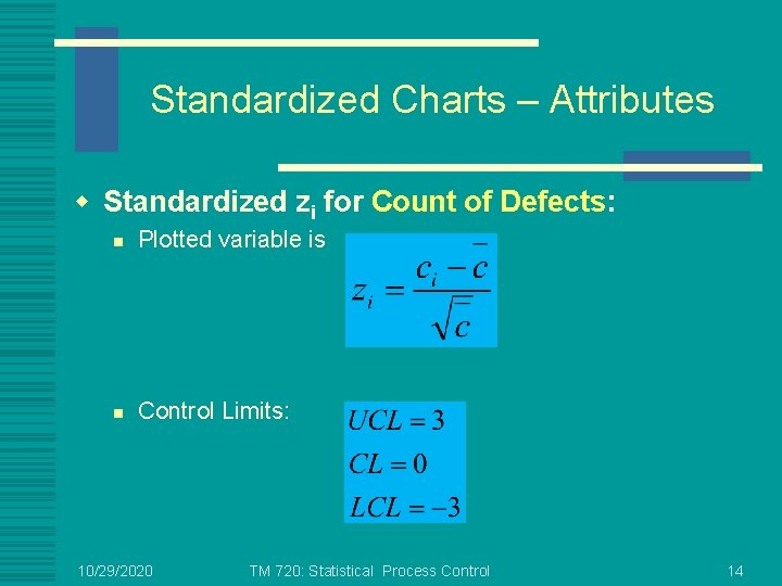 Standardized Charts – Attributes w Standardized zi for Count of Defects: n Plotted variable