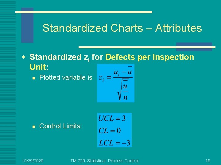 Standardized Charts – Attributes w Standardized zi for Defects per Inspection Unit: n Plotted