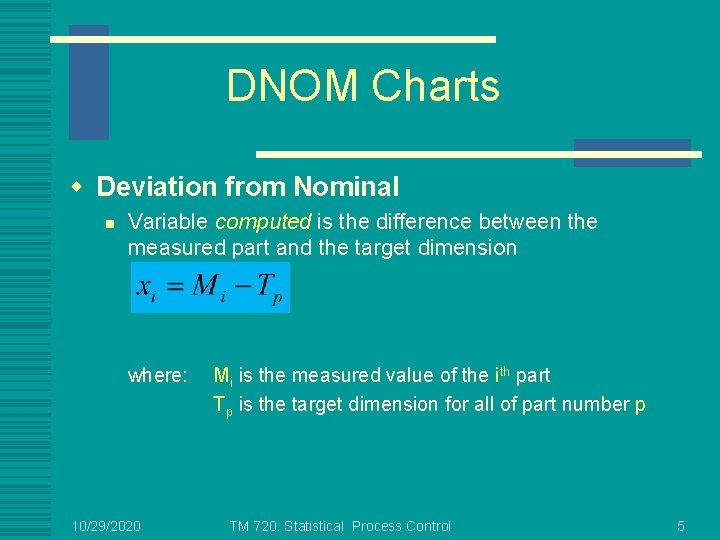 DNOM Charts w Deviation from Nominal n Variable computed is the difference between the