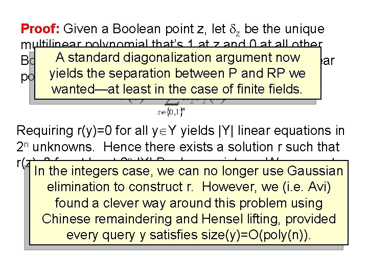 Proof: Given a Boolean point z, let z be the unique multilinear polynomial that’s