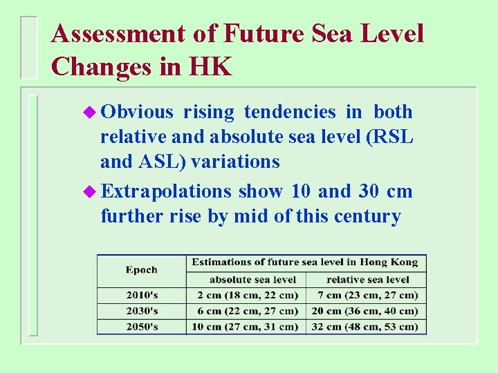 Assessment of Future Sea Level Changes in HK u Obvious rising tendencies in both