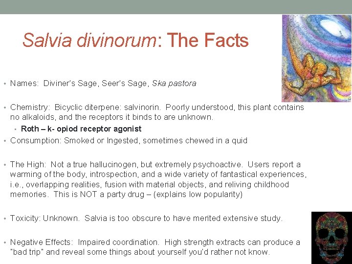 Salvia divinorum: The Facts • Names: Diviner’s Sage, Seer’s Sage, Ska pastora • Chemistry: