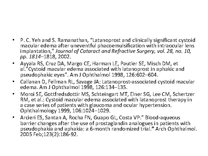  • P. C. Yeh and S. Ramanathan, “Latanoprost and clinically significant cystoid macular