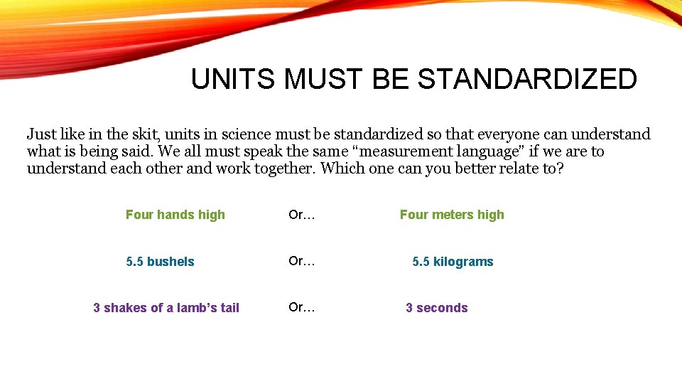 UNITS MUST BE STANDARDIZED Just like in the skit, units in science must be