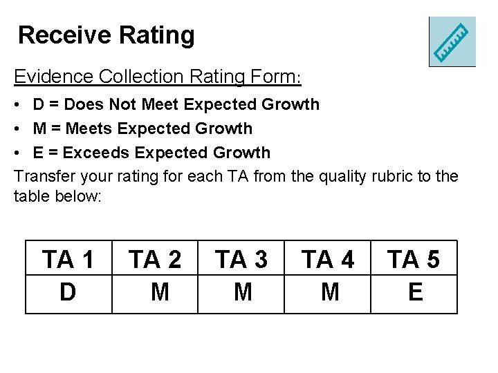 Receive Rating Evidence Collection Rating Form: • D = Does Not Meet Expected Growth Receive Rating Evidence Collection Rating Form: • D = Does Not Meet Expected Growth