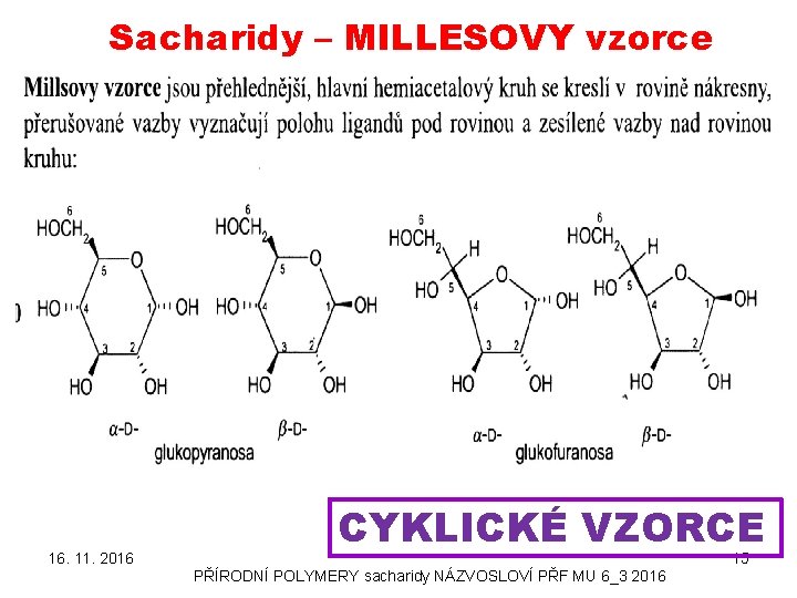 Sacharidy – MILLESOVY vzorce 16. 11. 2016 CYKLICKÉ VZORCE 15 PŘÍRODNÍ POLYMERY sacharidy NÁZVOSLOVÍ