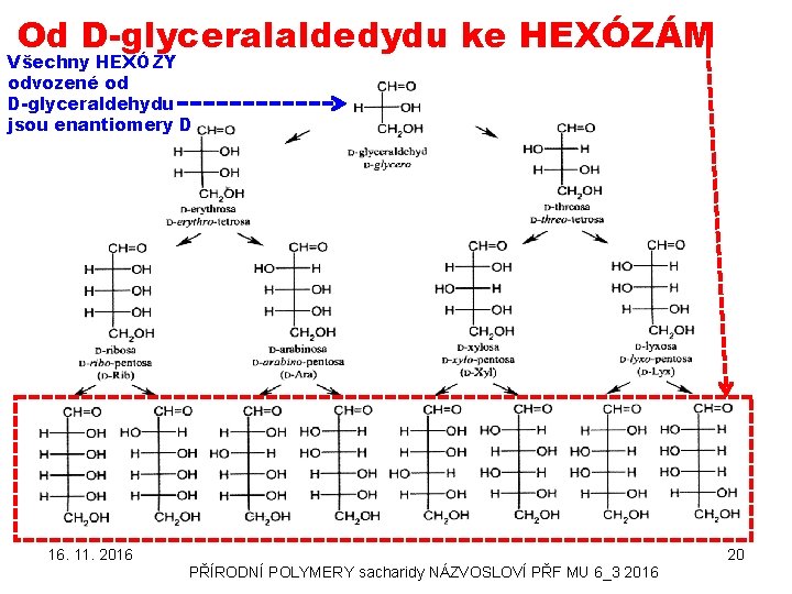 Od D-glyceralaldedydu ke HEXÓZÁM Všechny HEXÓZY odvozené od D-glyceraldehydu jsou enantiomery D 16. 11.