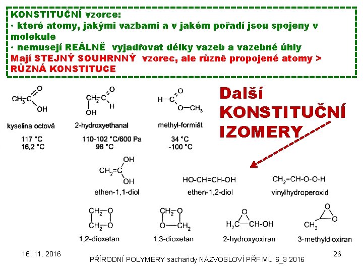 KONSTITUČNÍ vzorce: • které atomy, jakými vazbami a v jakém pořadí jsou spojeny v