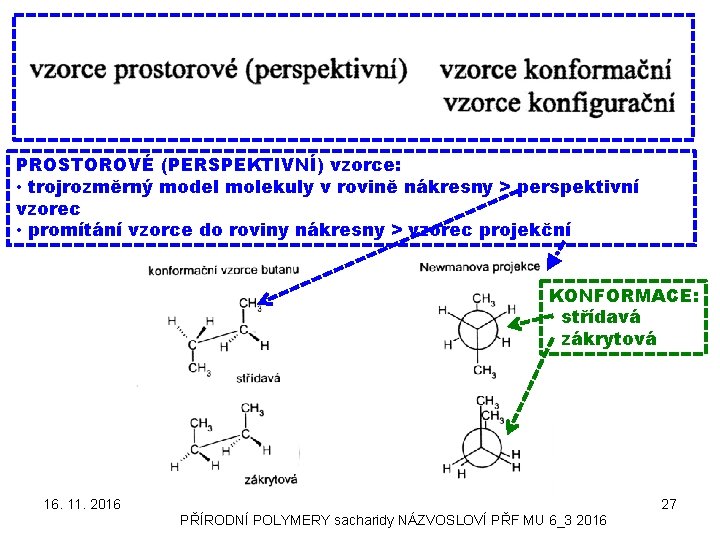 PROSTOROVÉ (PERSPEKTIVNÍ) vzorce: • trojrozměrný model molekuly v rovině nákresny > perspektivní vzorec •